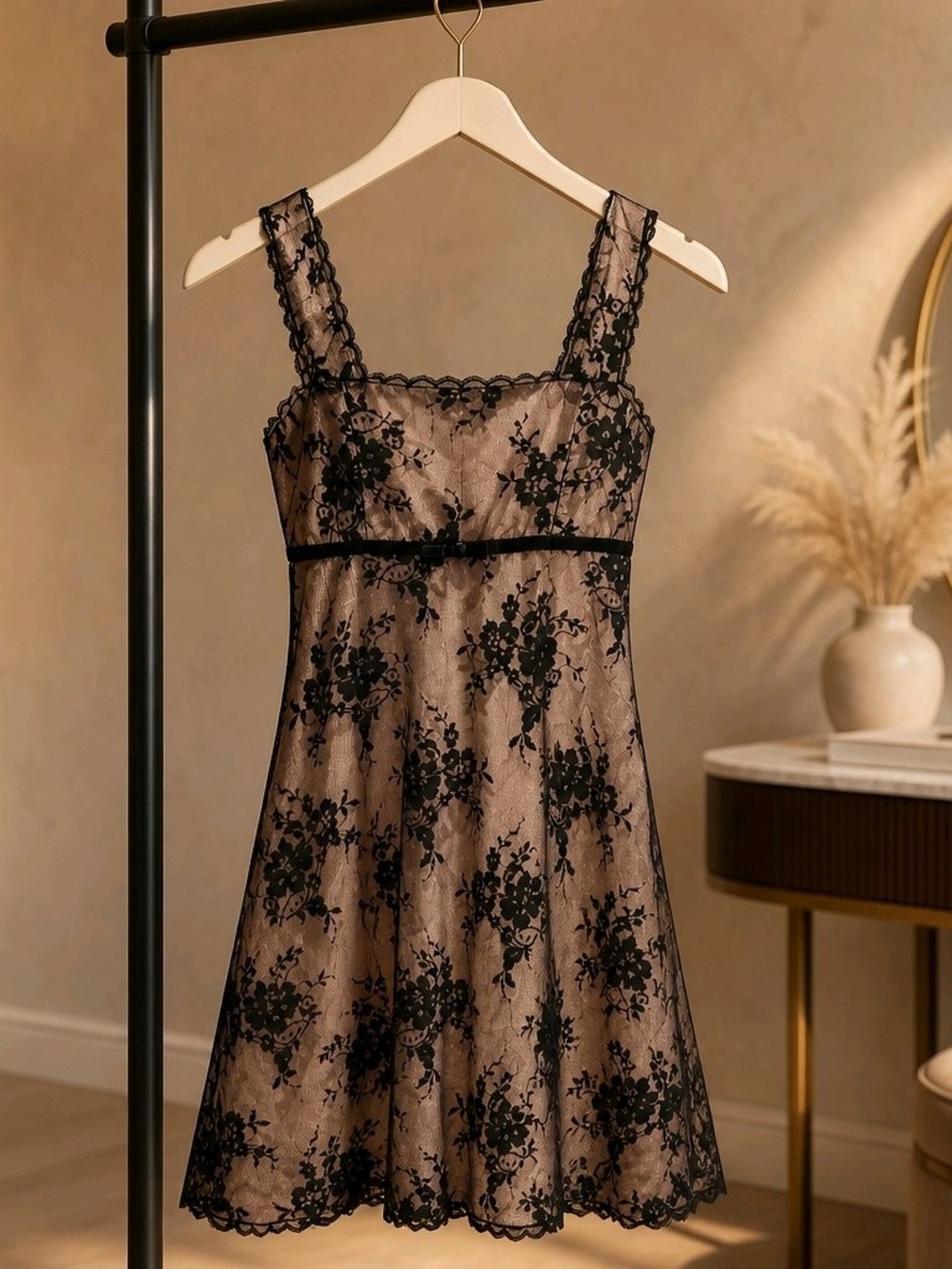 Girls Black Lace Overlay Dress with Pink Slip